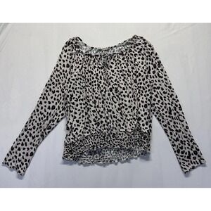 Republic Top Womens 2XL White Black Cheetah Print Tie Keyhole Neck Smocked Hem